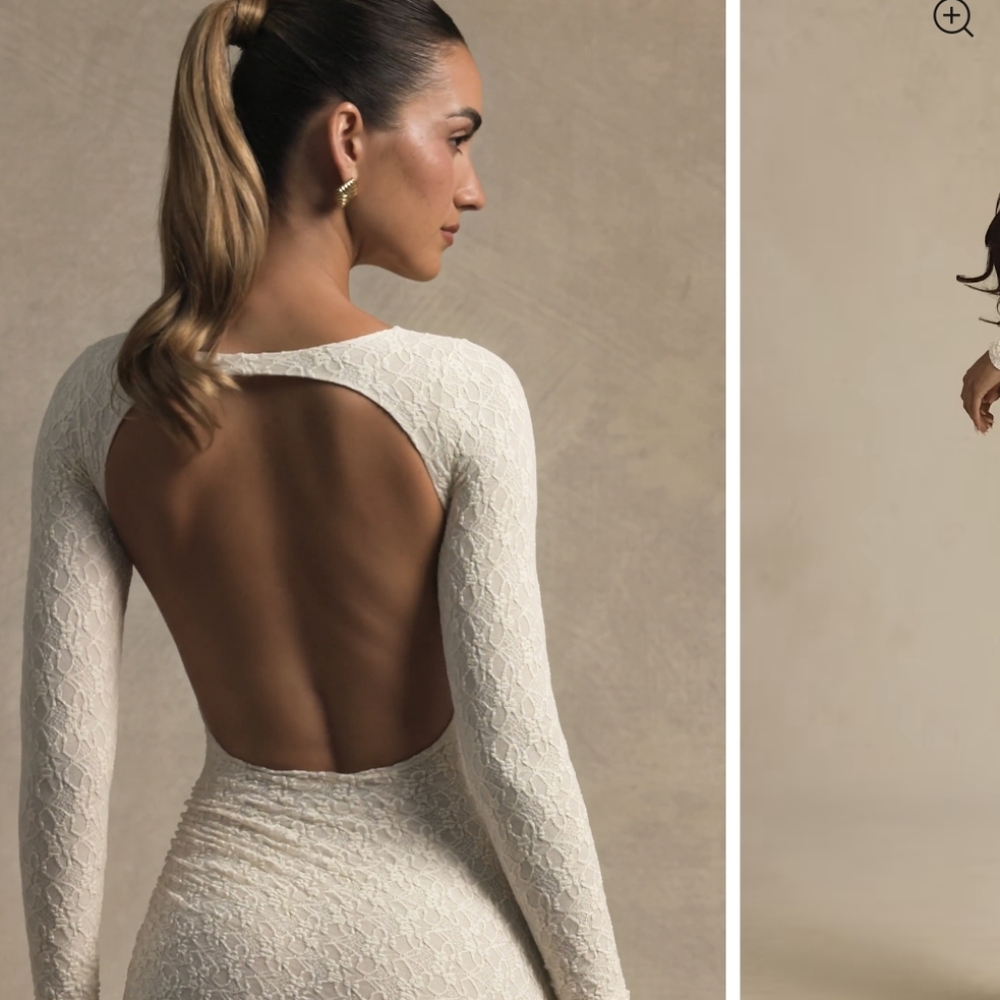 NWT Oh Polly Tarini Ruched Backless Lace Maxi Dress in Ivory, Size S - Picture 2 of 11